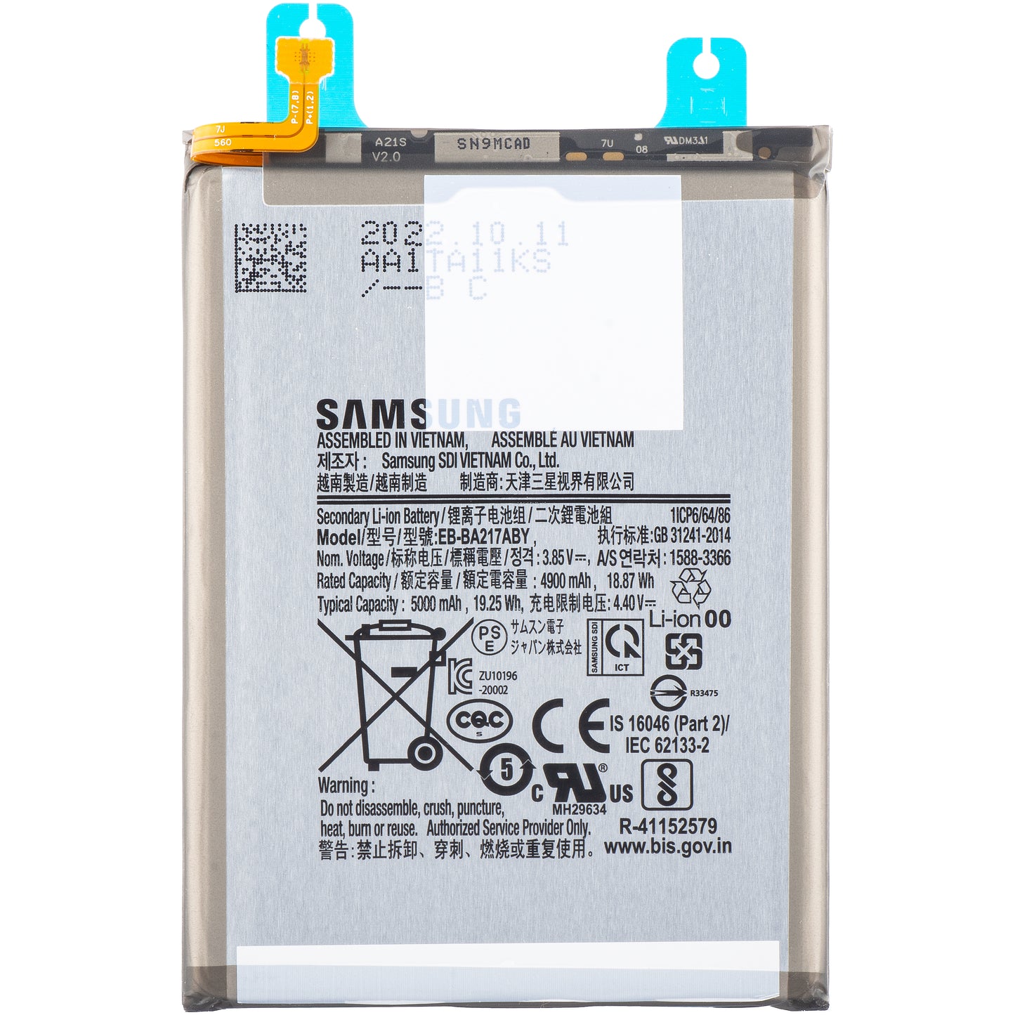 Akkumulátor Samsung Galaxy A13 A137 / A04s A047 / A13 A13 A135 / A13 5G A136 / A12 Nacho A127, EB-BA217ABY, szervizcsomag GH82-22989A