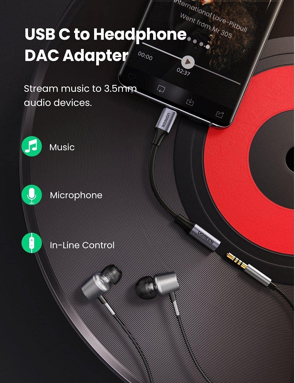 USB-C - 3.5mm UGREEN AV161 audio adapter, szürke