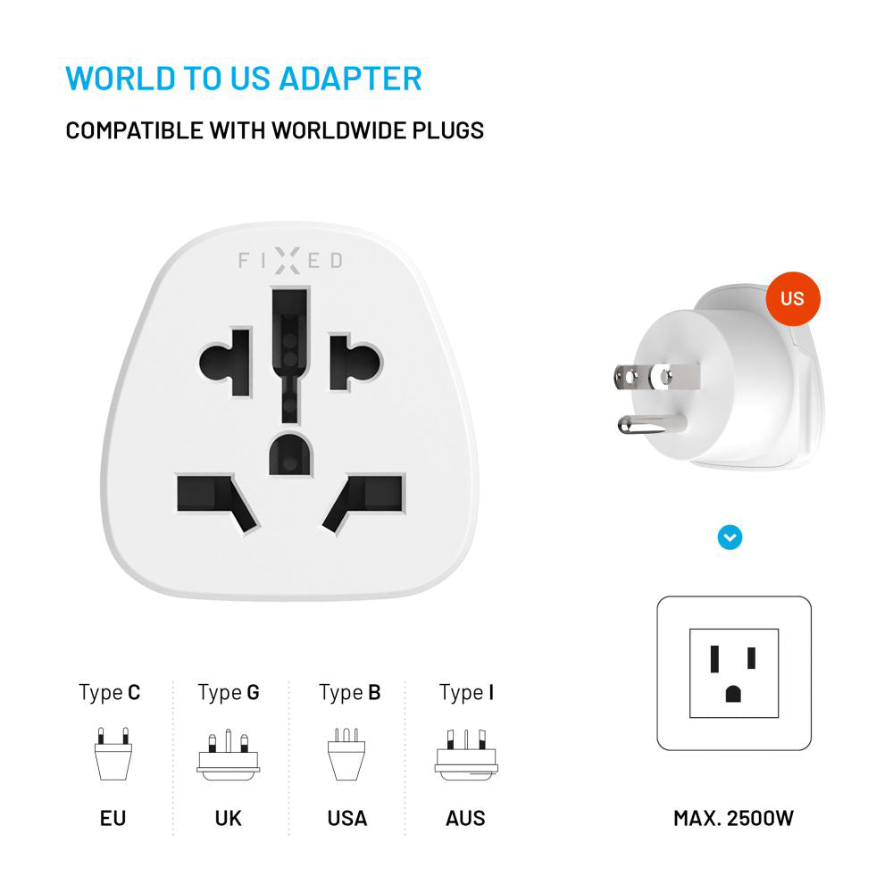 Fixed EU / UK / USA - US hálózati adapter, fehér