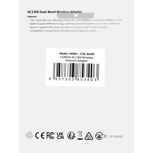 Vezeték nélküli adapter UGREEN CM492, kétsávos, 1300Mbps, szürke