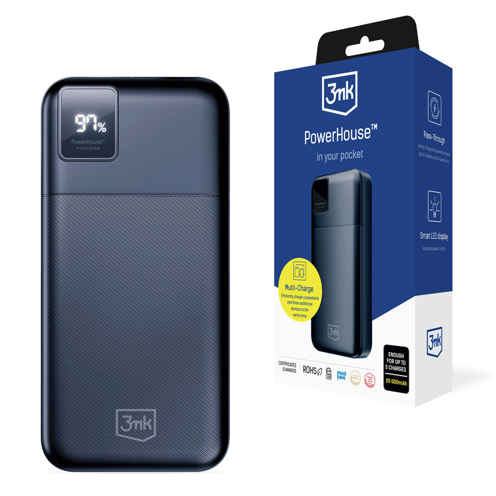 3MK PowerHouse külső akkumulátor, 20000mAh, 22,5W, QC + PD, 1 x USB-A - 1 x USB-C, Fekete