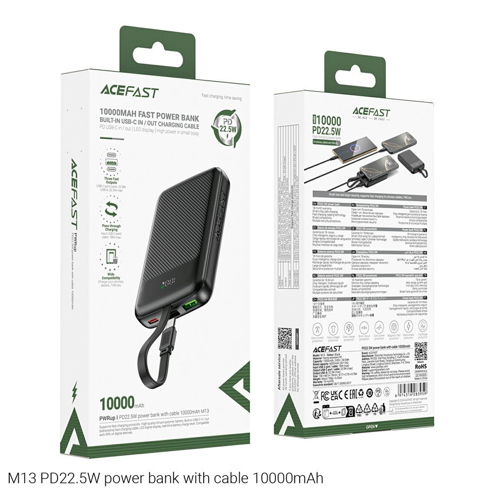 Külső akkumulátor Acefast M13, 10000mAh, 22.5W, QC + PD, 1 x USB-A - 2 x USB-C, Fekete