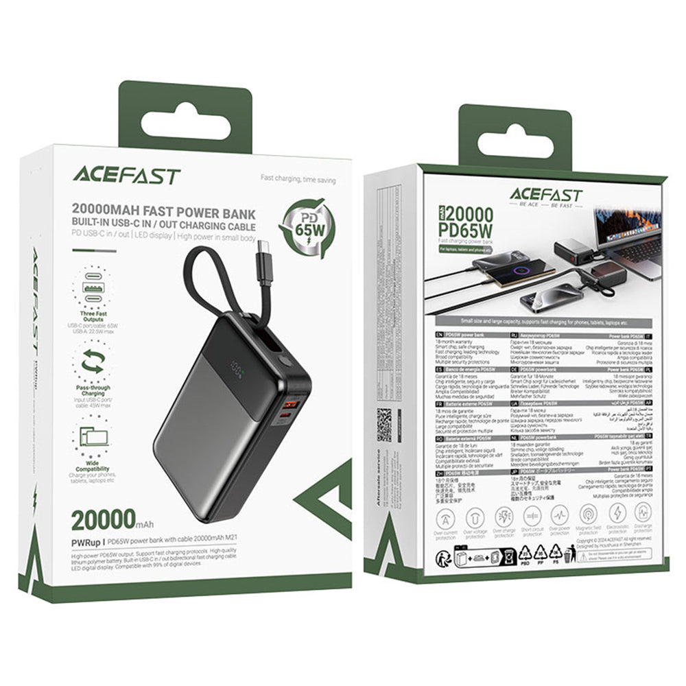 Külső akkumulátor Acefast M21, 20000mAh, 65W, QC + PD, 1 x USB-A - 2 x USB-C, Fekete