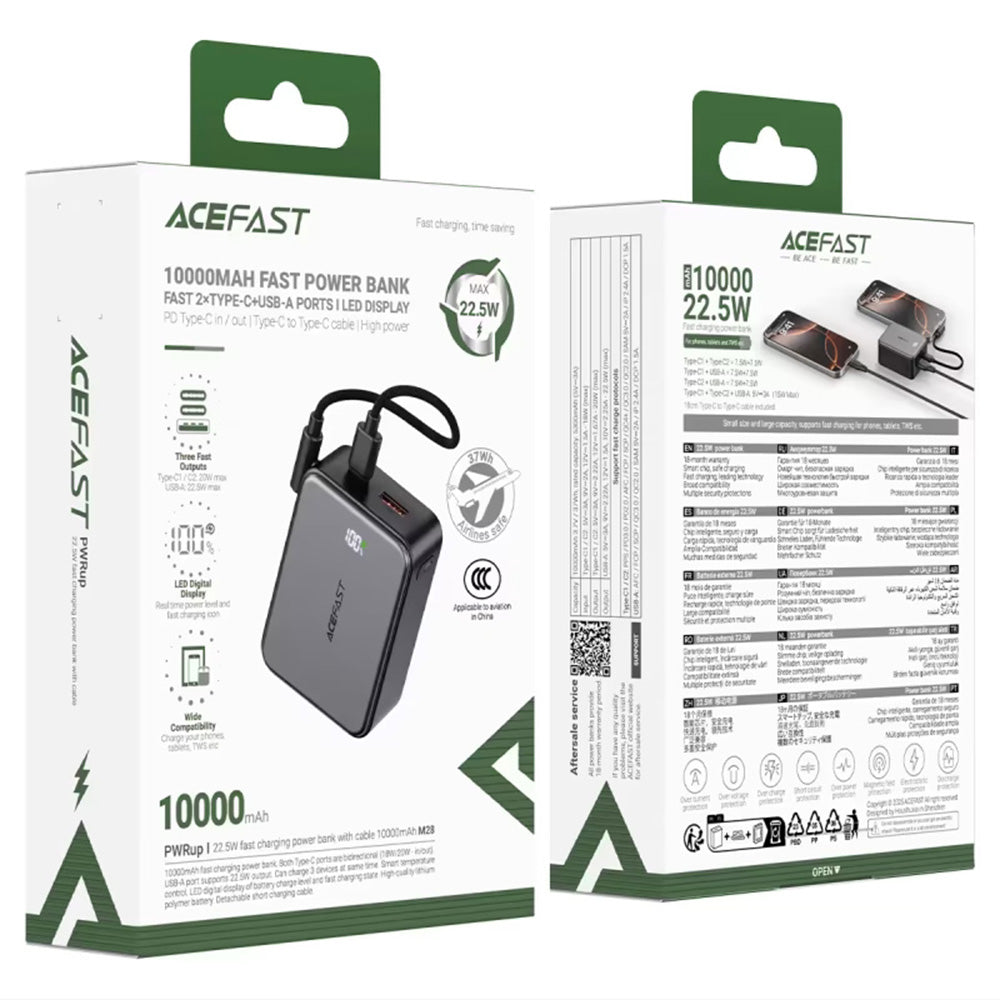 Külső akkumulátor Acefast M28, 10000mAh, 22.5W, QC + PD, 1 x USB-A - 2 x USB-C, Fekete