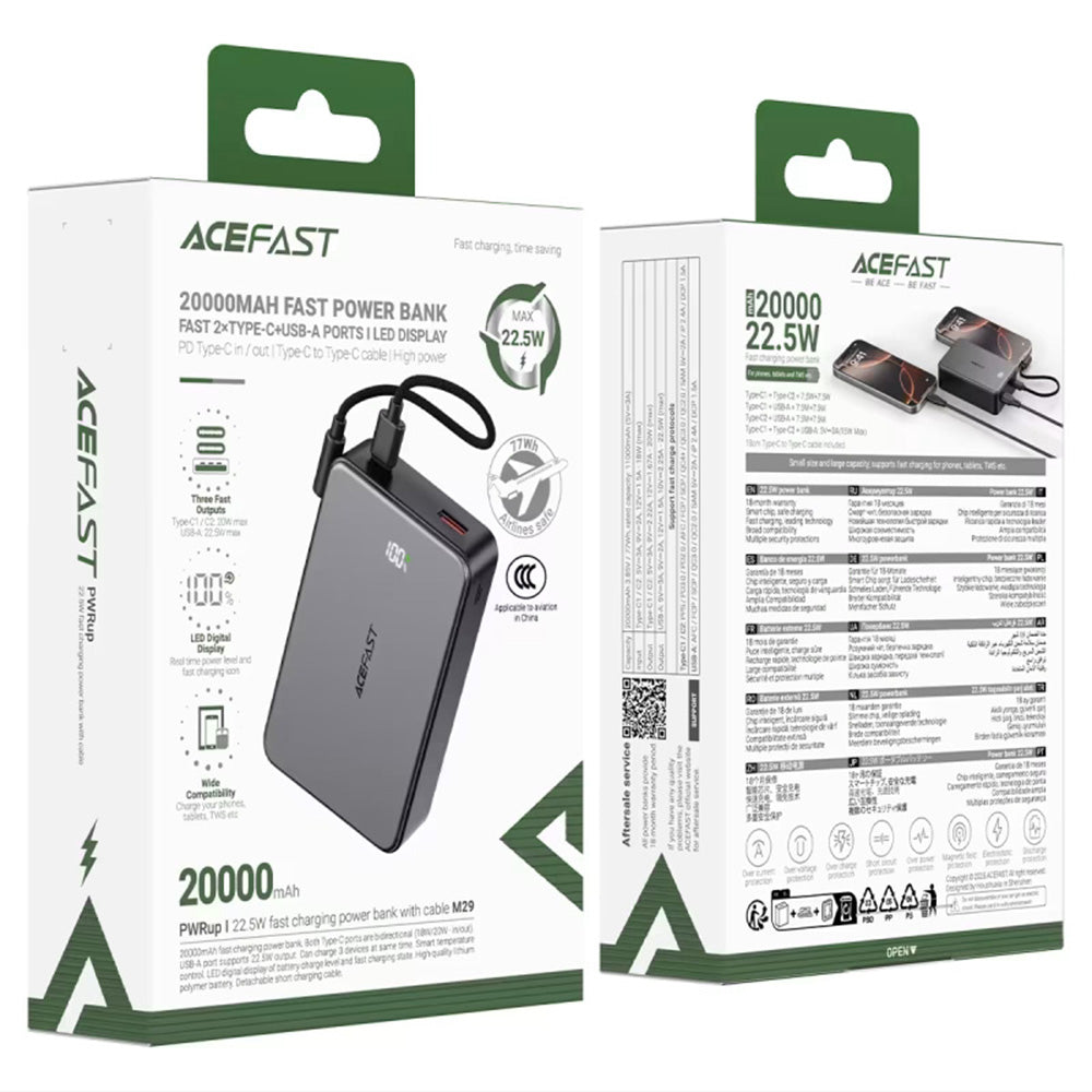 Acefast M29 külső akkumulátor, 20000mAh, 22.5W, QC + PD, 1 x USB-A - 2 x USB-C, Fekete