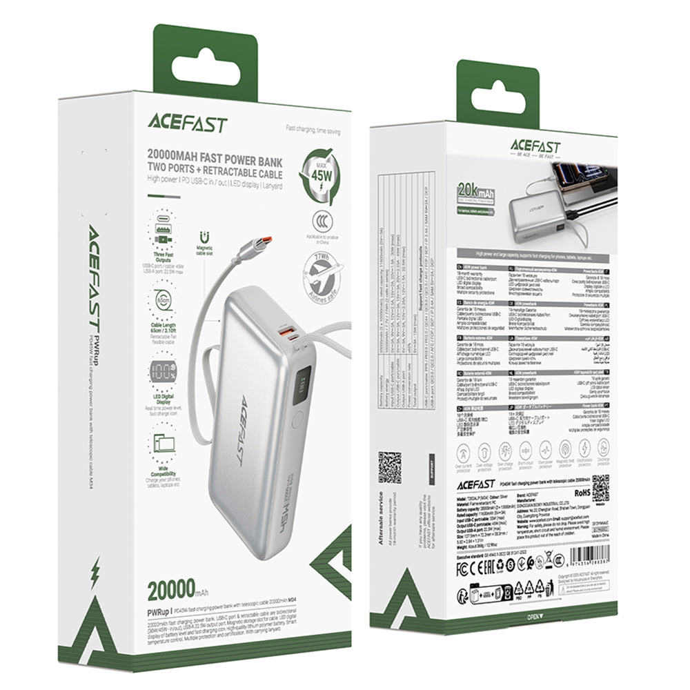 Külső akkumulátor Acefast M34, 20000mAh, 45W, QC + PD, 1 x USB-A - 2 x USB-C, Ezüst