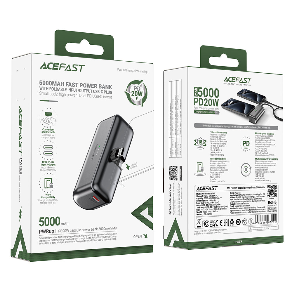 Acefast M9 külső akkumulátor, 5000mAh, 20W, PD, 2 x USB-C, fekete