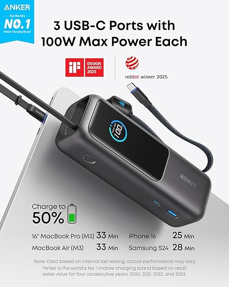 Anker külső akkumulátor, 25000mAh, 165W, QC + PD, 1 x USB-A - 3 x USB-C, Szürke A1695H11