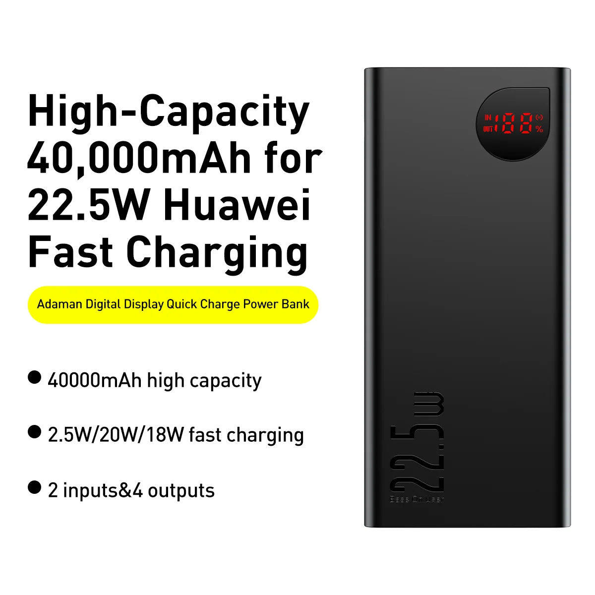 Baseus Adaman külső akkumulátor, 40000mAh, 22.5W, QC + PD, 1 x USB-C - 3 x USB-A, Fekete