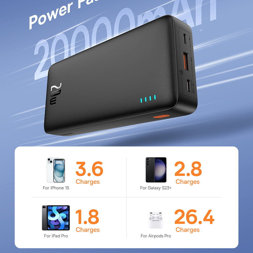 Baseus Airpow külső akkumulátor, 20000mAh, 20W, QC + PD, 1 x USB-A - 1 x USB-C, Fekete P10022804113-00