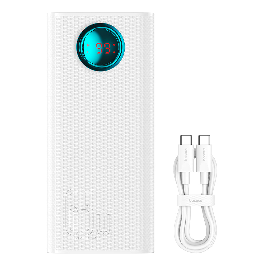 Baseus Amblight külső akkumulátor digitális kijelzővel, 26800mAh, 65W, QC + PD, 1 x USB-C - 4 x USB-A, Fehér P10022402223-00