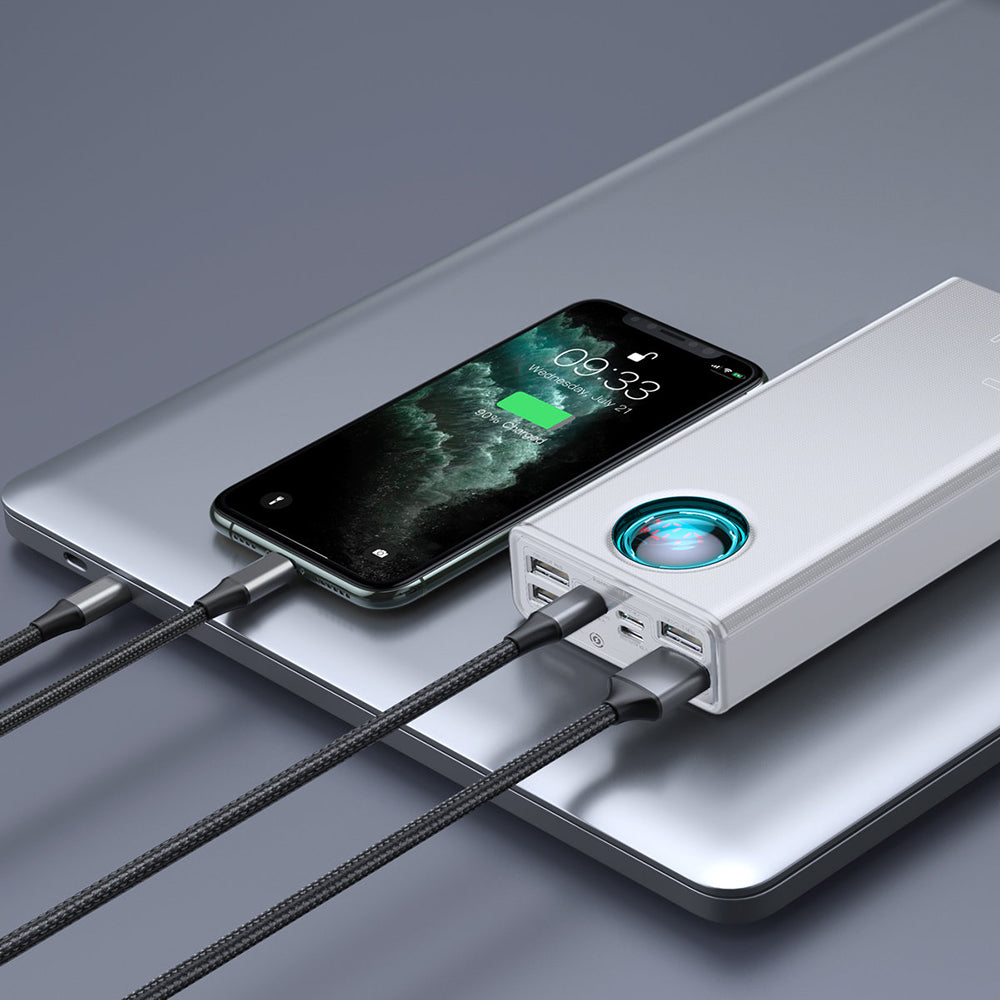 Baseus Amblight külső akkumulátor digitális kijelzővel, 30000mAh, 65W, QC + PD, 1 x USB-C - 4 x USB-A, Fehér PPLG000102