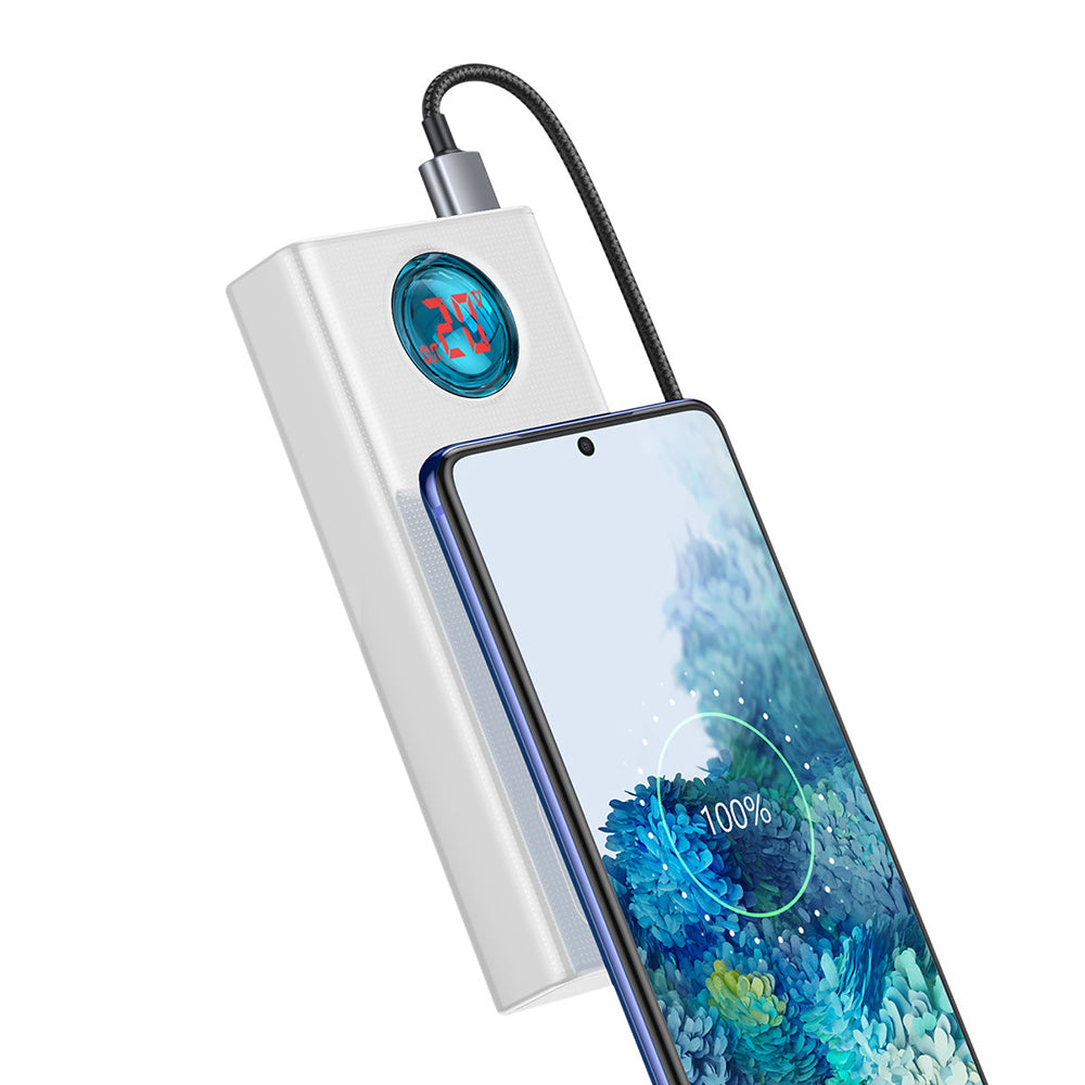 Baseus Amblight külső akkumulátor digitális kijelzővel, 30000mAh, 65W, QC + PD, 1 x USB-C - 4 x USB-A, Fehér PPLG000102