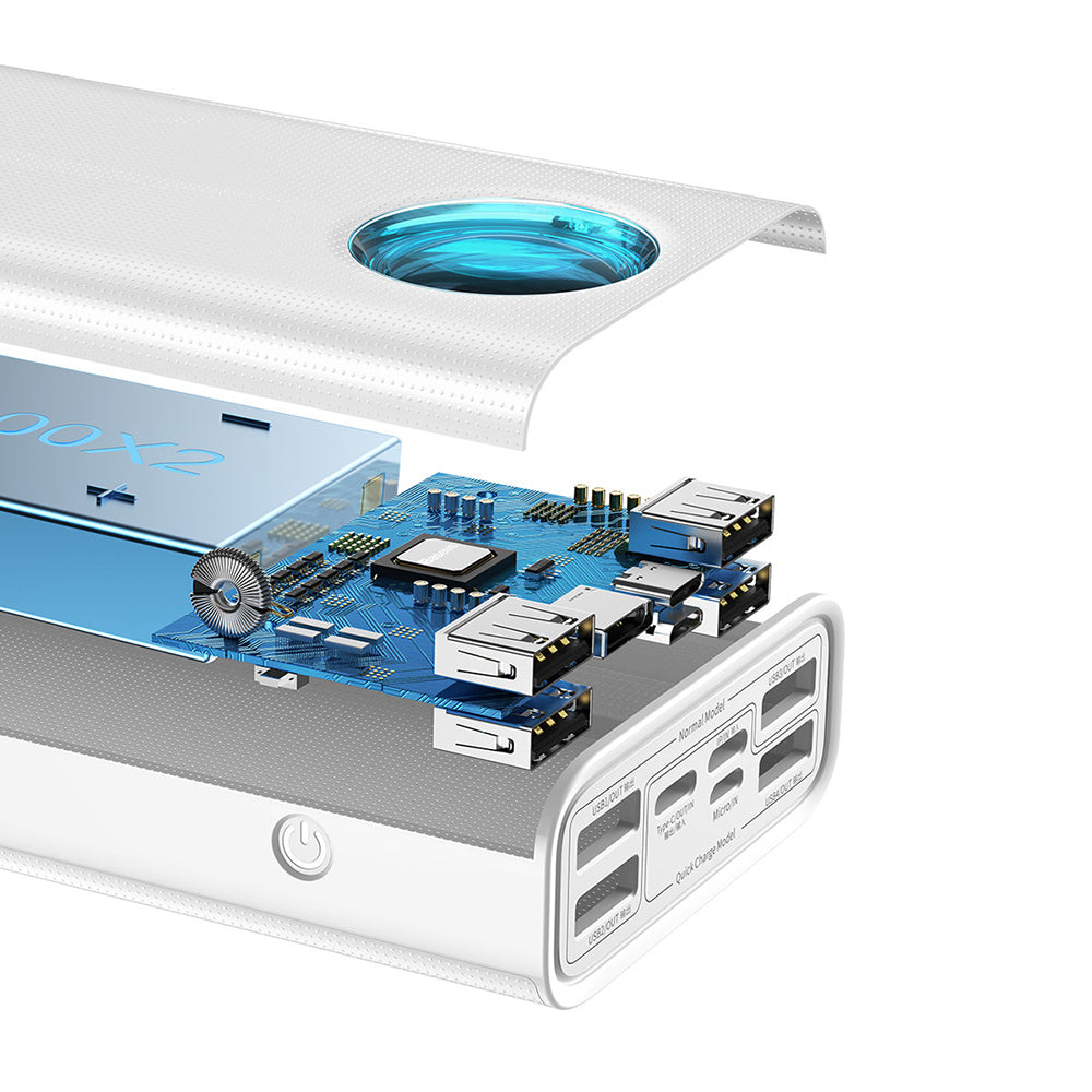 Baseus Amblight külső akkumulátor digitális kijelzővel, 30000mAh, 65W, QC + PD, 1 x USB-C - 4 x USB-A, Fehér PPLG000102