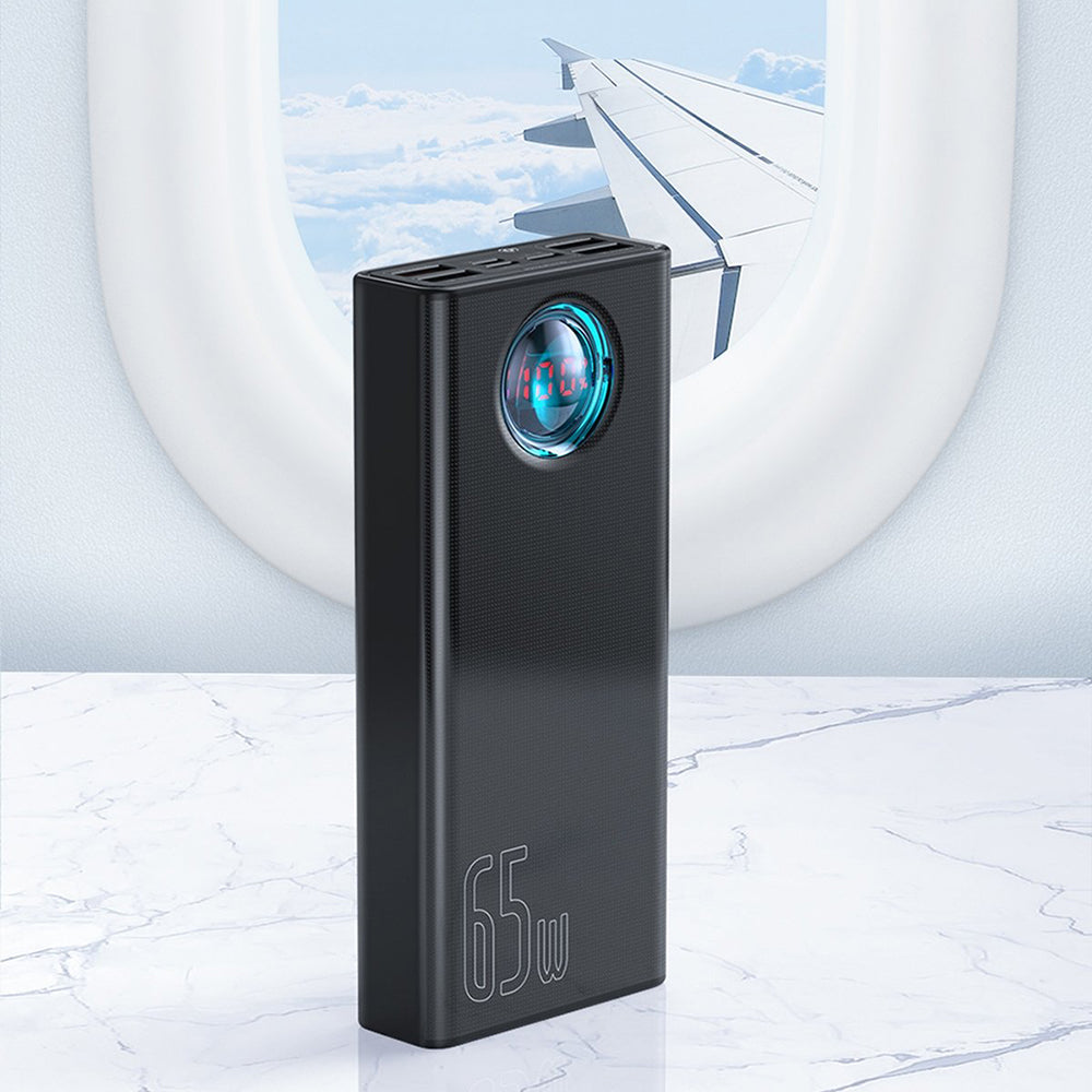 Baseus Amblight külső akkumulátor digitális kijelzővel, 30000mAh, 65W, QC + PD, 1 x USB-C - 4 x USB-A, Fehér PPLG000102