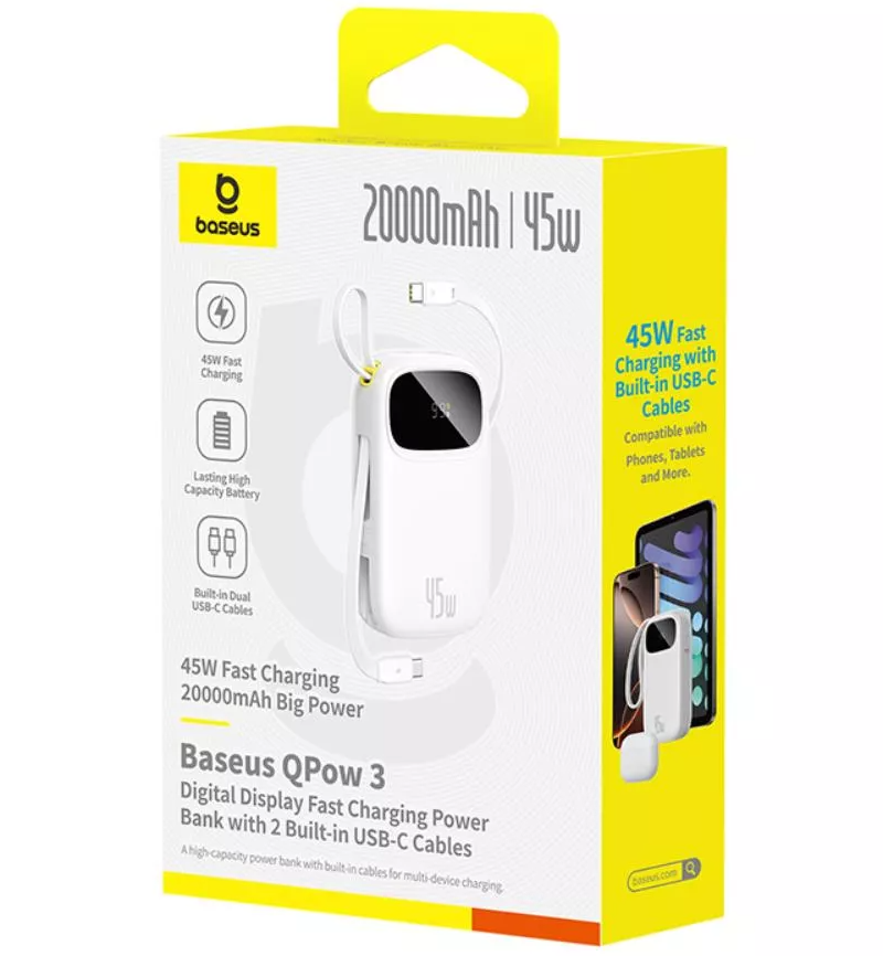 Baseus EnerFill FC31 külső akkumulátor, 20000mAh, 45W, QC + PD, 1 x Lightning - 1 x USB-A - 2 x USB-C, Fehér P10082105213-00
