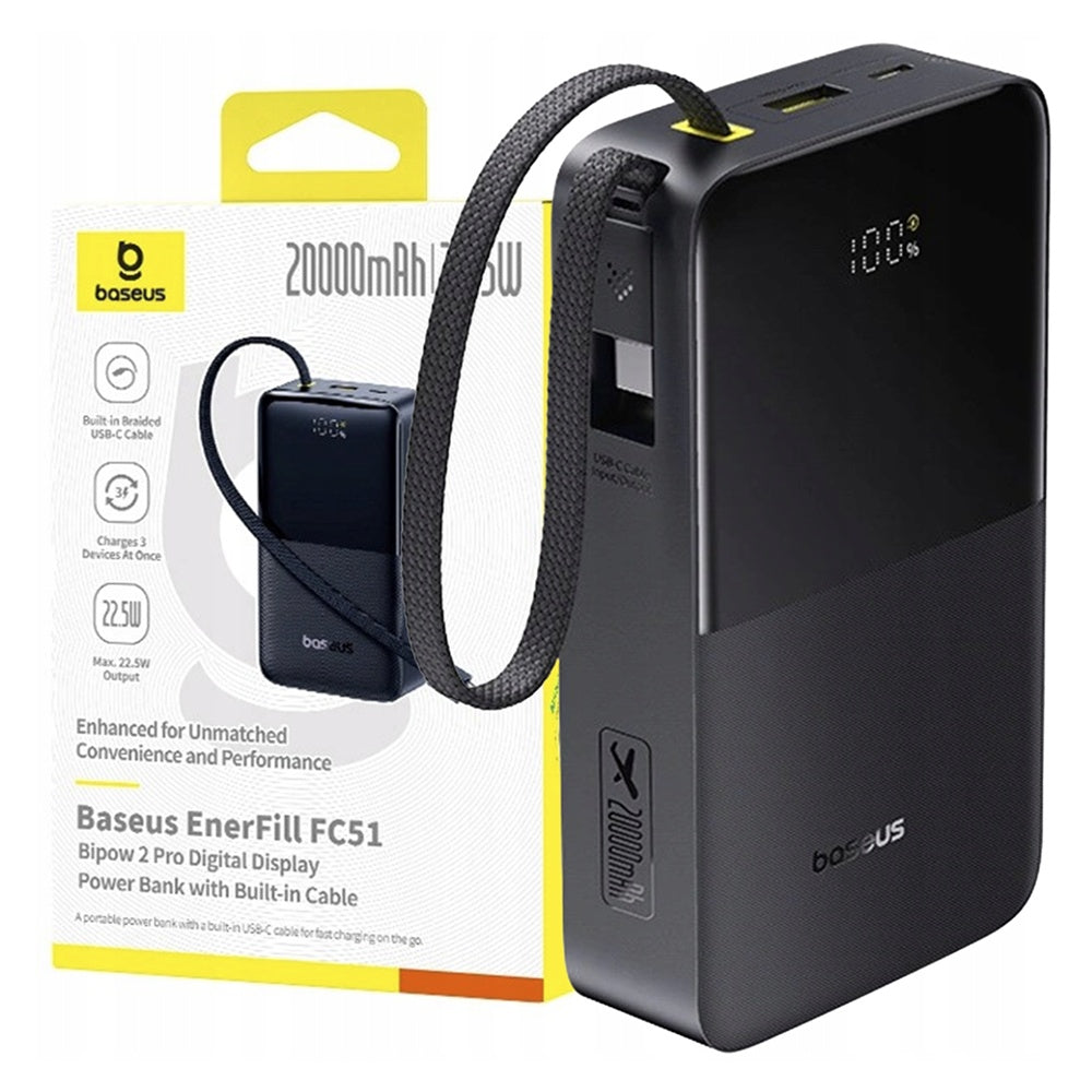 Baseus EnerFill Bipow2 Pro külső akkumulátor, 20000mAh, 22.5W, QC + PD, 1 x USB-A - 2 x USB-C, Fekete E0027701