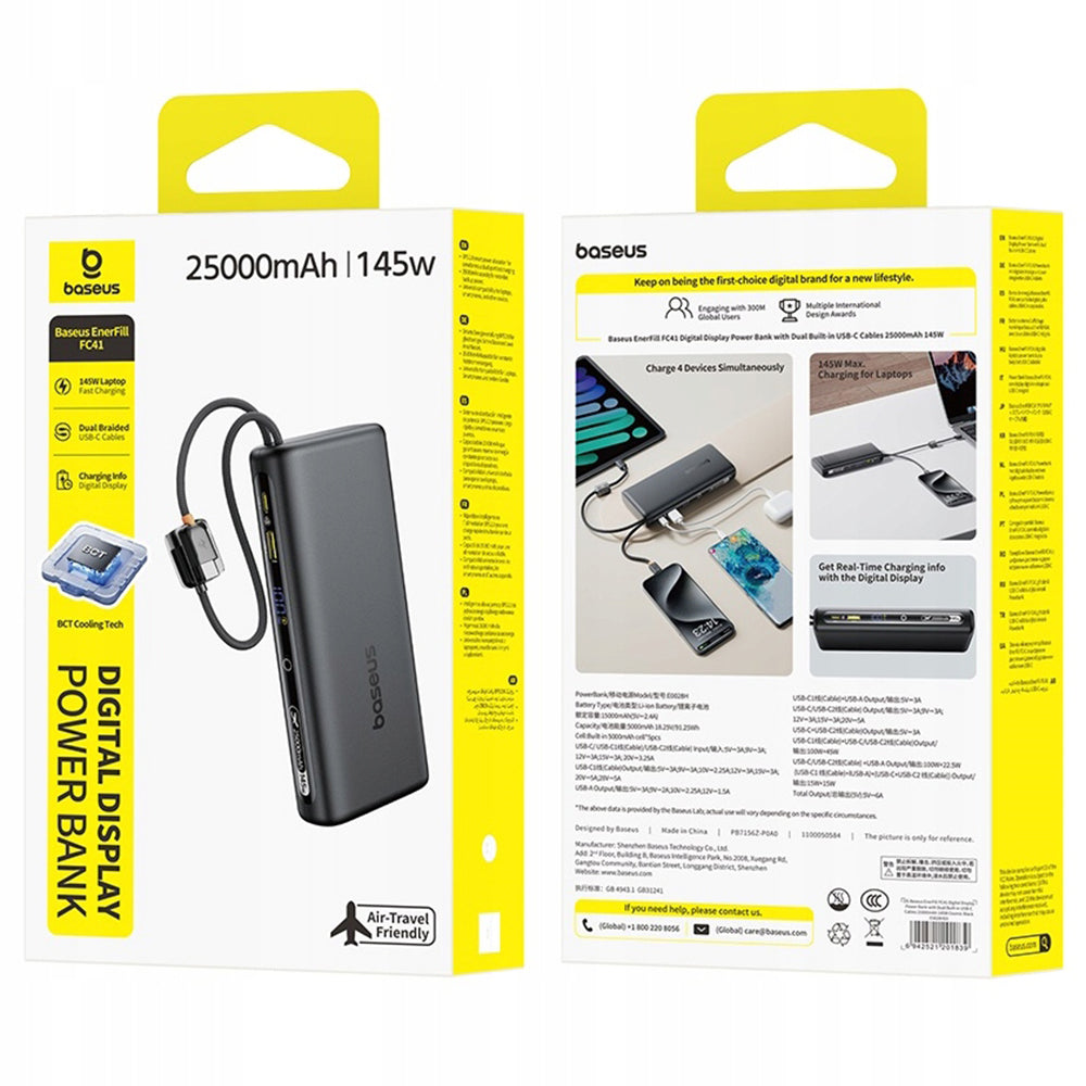 Baseus EnerFill FC41 külső akkumulátor, 25000mAh, 145W, QC + PD, 1 x USB-A - 3 x USB-C, Fekete E0028H03