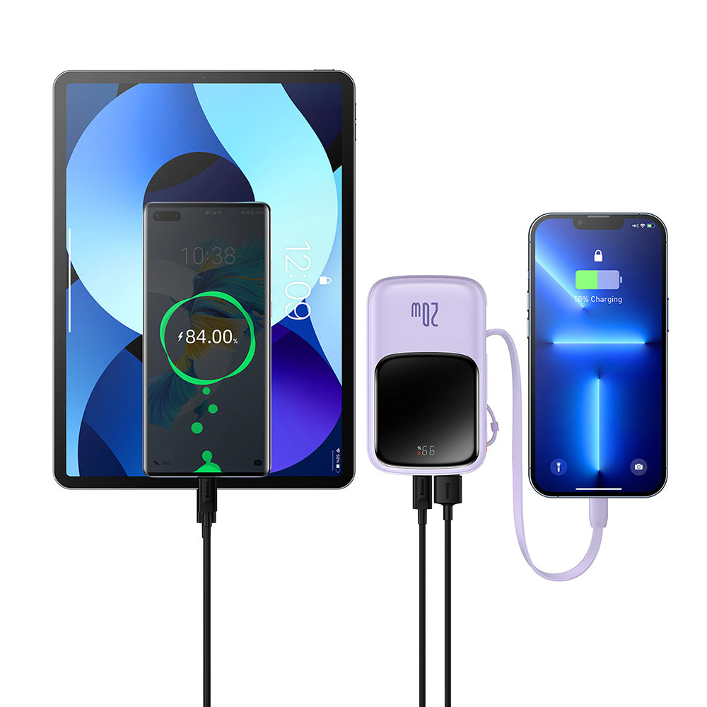 Baseus Qpow Pro külső akkumulátor, 20000mAh, 20W, QC + PD, 1 x Lightning - 1 x USB-A - 1 x USB-C, Lila PPQD030005