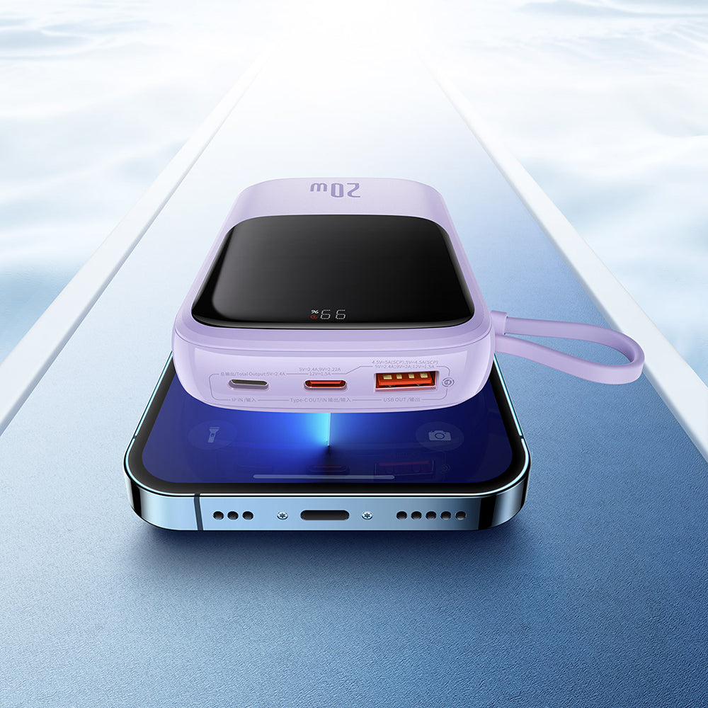 Baseus Qpow Pro külső akkumulátor, 20000mAh, 20W, QC + PD, 1 x Lightning - 1 x USB-A - 1 x USB-C, Lila PPQD030005