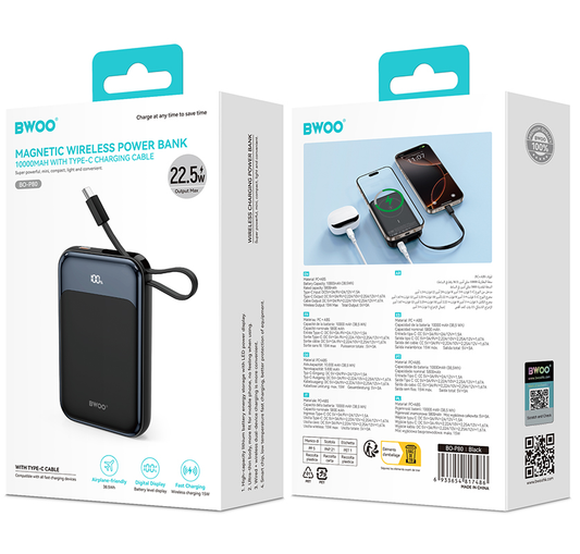 BWOO BO-P80 vezeték nélküli külső akkumulátor, 10000mAh, 22,5W, PD + FQI, 1 x QI - 2 x USB-C, fekete