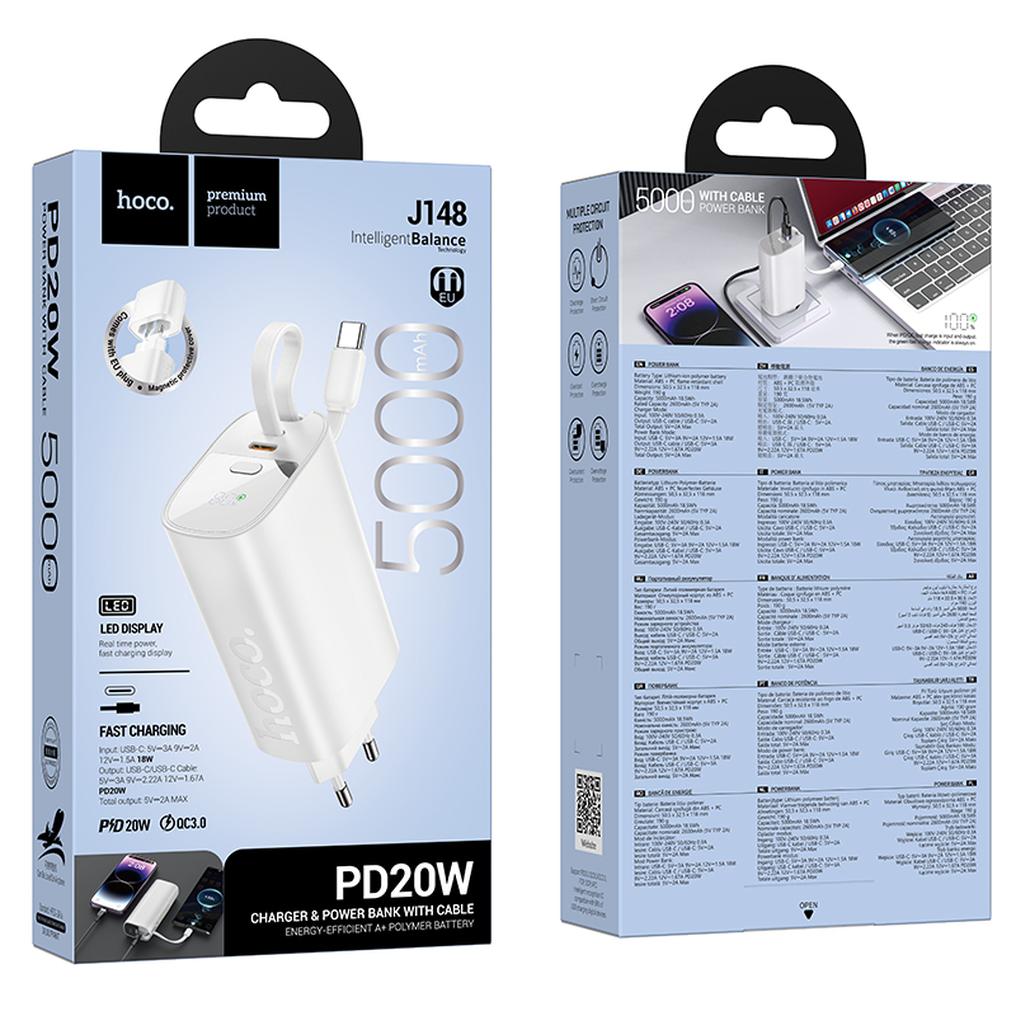 HOCO J148 2 az 1-ben külső akkumulátor, 5000 mAh, 20 W, PD, 2 × USB-C, fehér