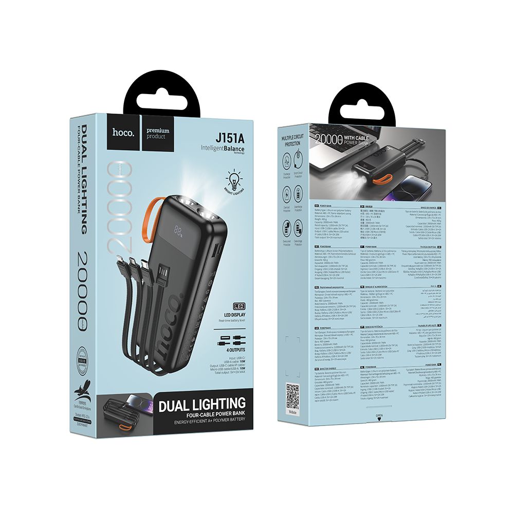 HOCO J151A külső akkumulátor, 20000mAh, 10W, 1 x Lightning - 1 x microUSB - 1 x USB-A - 1 x USB-C, Fekete