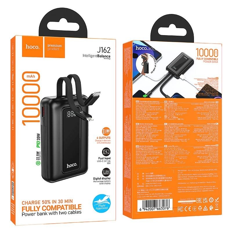 HOCO J162 külső akkumulátor, 10000mAh, 22,5W, QC + PD, 1 x Lightning - 1 x USB-A - 2 x USB-C, Fekete