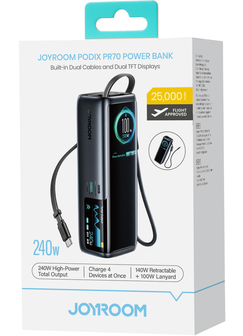 Joyroom PODIX PR70 külső akkumulátor, 25000 mAh, 240 W, QC + PD, 1 x USB-A – 3 x USB-C, fekete