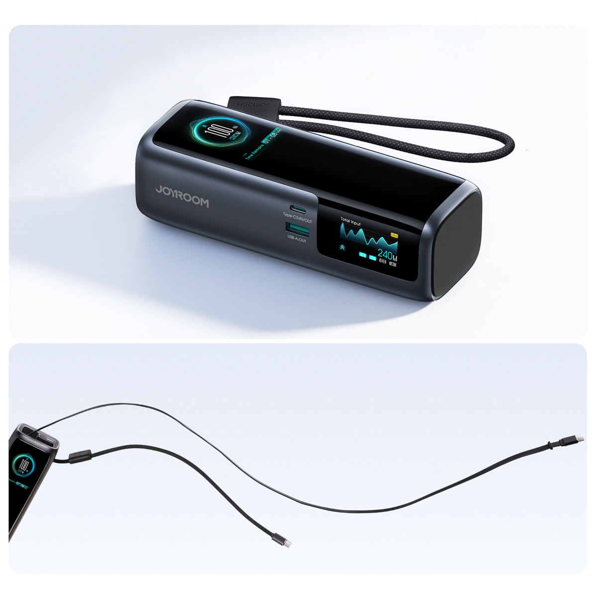 Joyroom PODIX PR70 külső akkumulátor, 25000 mAh, 240 W, QC + PD, 1 x USB-A – 3 x USB-C, fekete