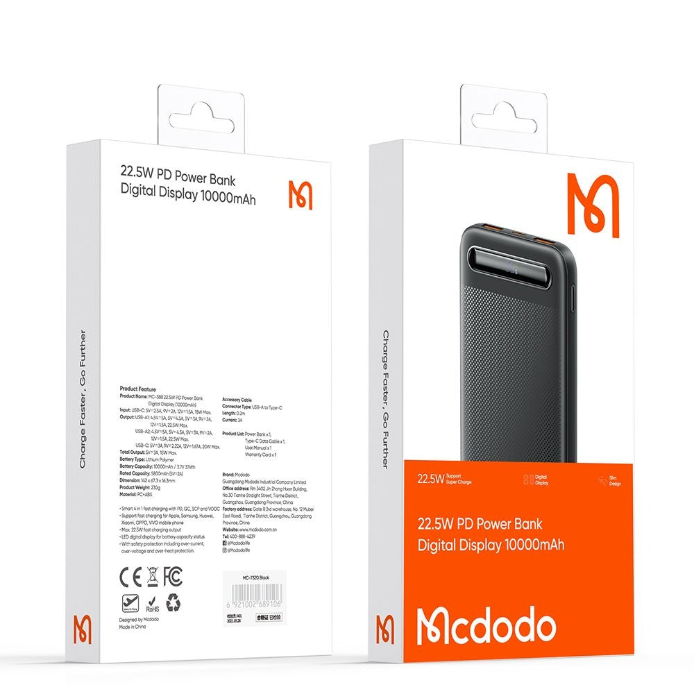 McDodo MC-3881 Star külső akkumulátor, 10000mAh, 22.5W, QC + PD, 2 x USB-A - 1 x USB-C, fekete