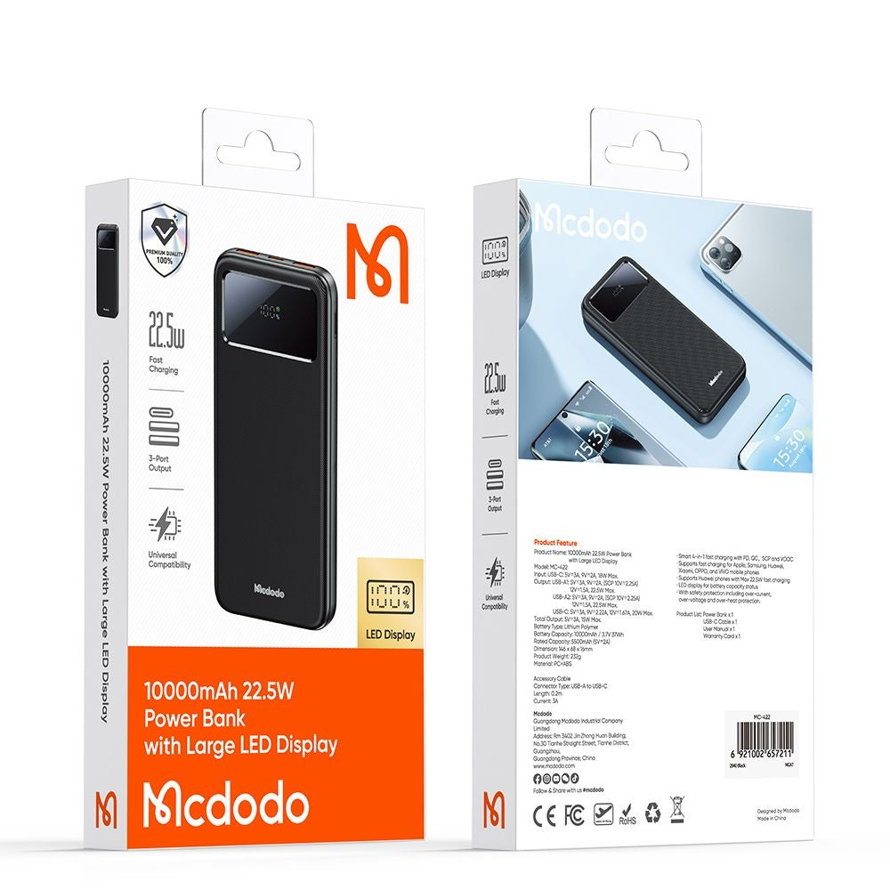 McDodo MC-4220 külső akkumulátor, 10000mAh, 22.5W, QC + PD, 2 x USB-A - 1 x USB-C, Fekete