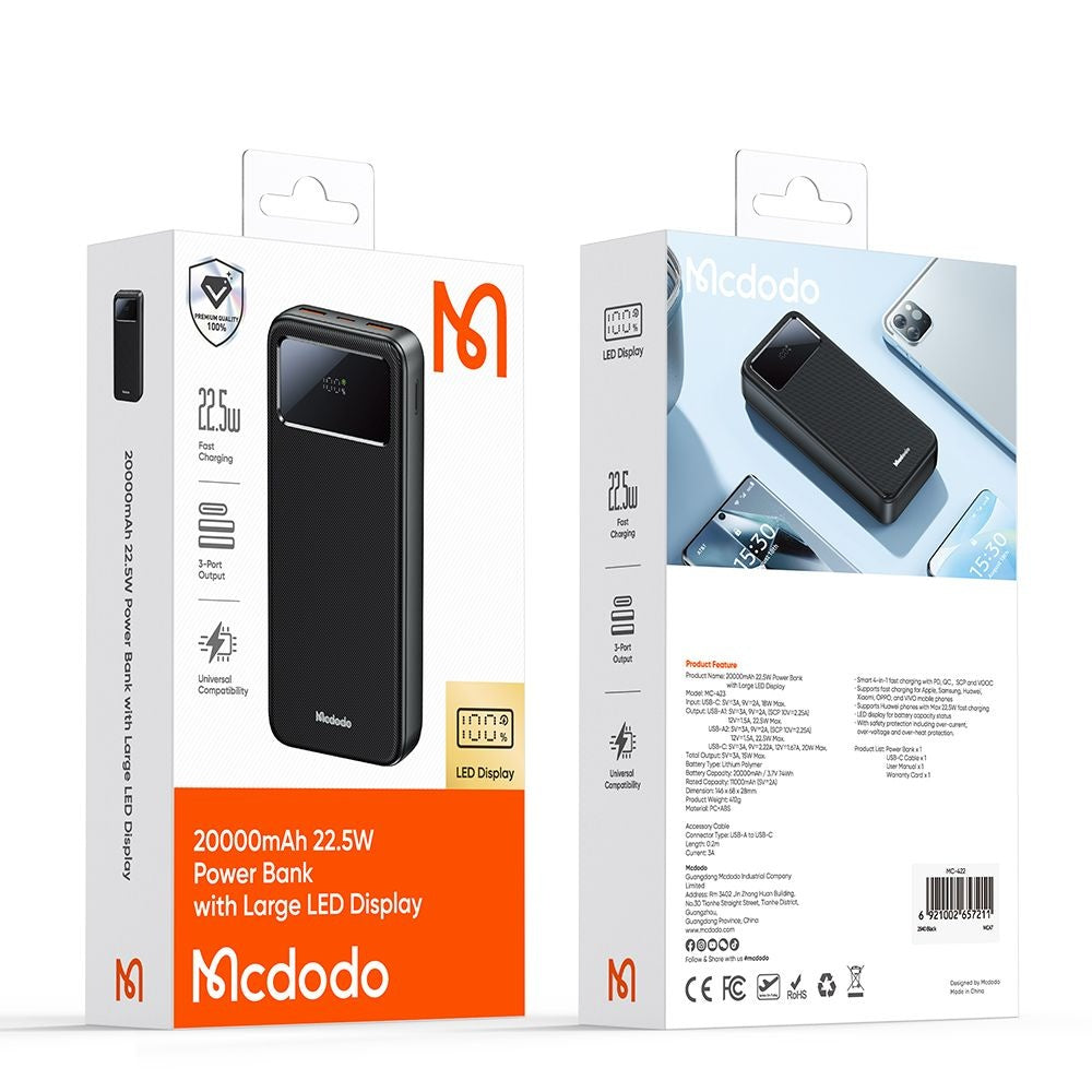 Külső akkumulátor McDodo MC-4230, 20000mAh, 22.5W, QC + PD, 2 x USB-A - 1 x USB-C, Fekete