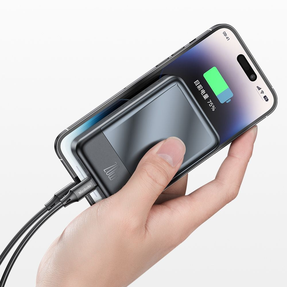 McDodo MC-4261 Ambilight vezeték nélküli külső akkumulátor, 10000mAh, 20W, PD + FQI, 1 x QI - 1 x USB-C, Fekete