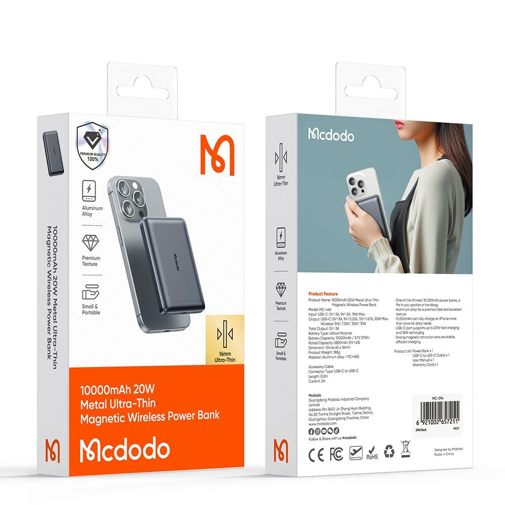 McDodo MC-4651 Meta vezeték nélküli külső akkumulátor, 10000mAh, 20W, PD + FQI, 1 x QI - 1 x USB-C, Fekete