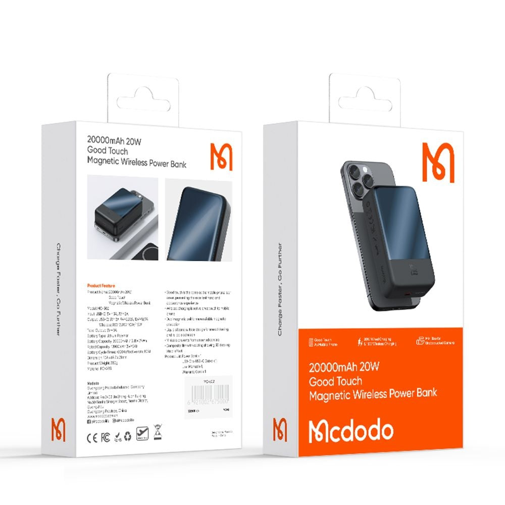 McDodo MC-5021 Ambilight vezeték nélküli külső akkumulátor, 20000mAh, 20W, PD + FQI, 1 x QI - 1 x USB-C, fekete