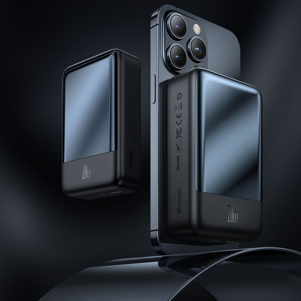 McDodo MC-5021 Ambilight vezeték nélküli külső akkumulátor, 20000mAh, 20W, PD + FQI, 1 x QI - 1 x USB-C, fekete