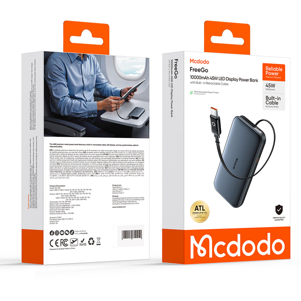 McDodo MC-5920 MetaFree külső akkumulátor, 10000mAh, 45W, PD, 2 x USB-C, Szürke