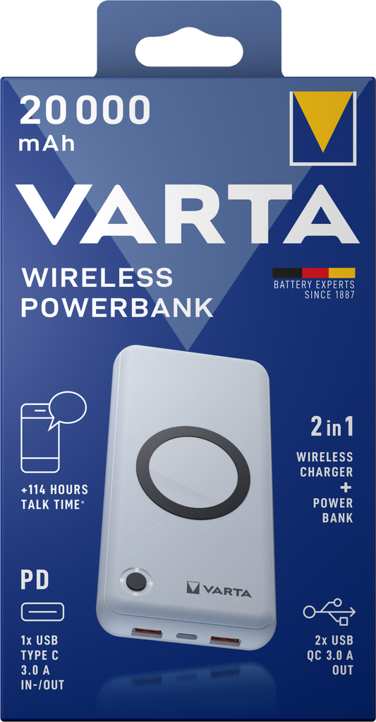 Varta Energy vezeték nélküli külső akkumulátor, 20000mAh, 18W, QC + PD + FQI, 1 x QI - 1 x USB-C - 2 x USB-A, fehér színű