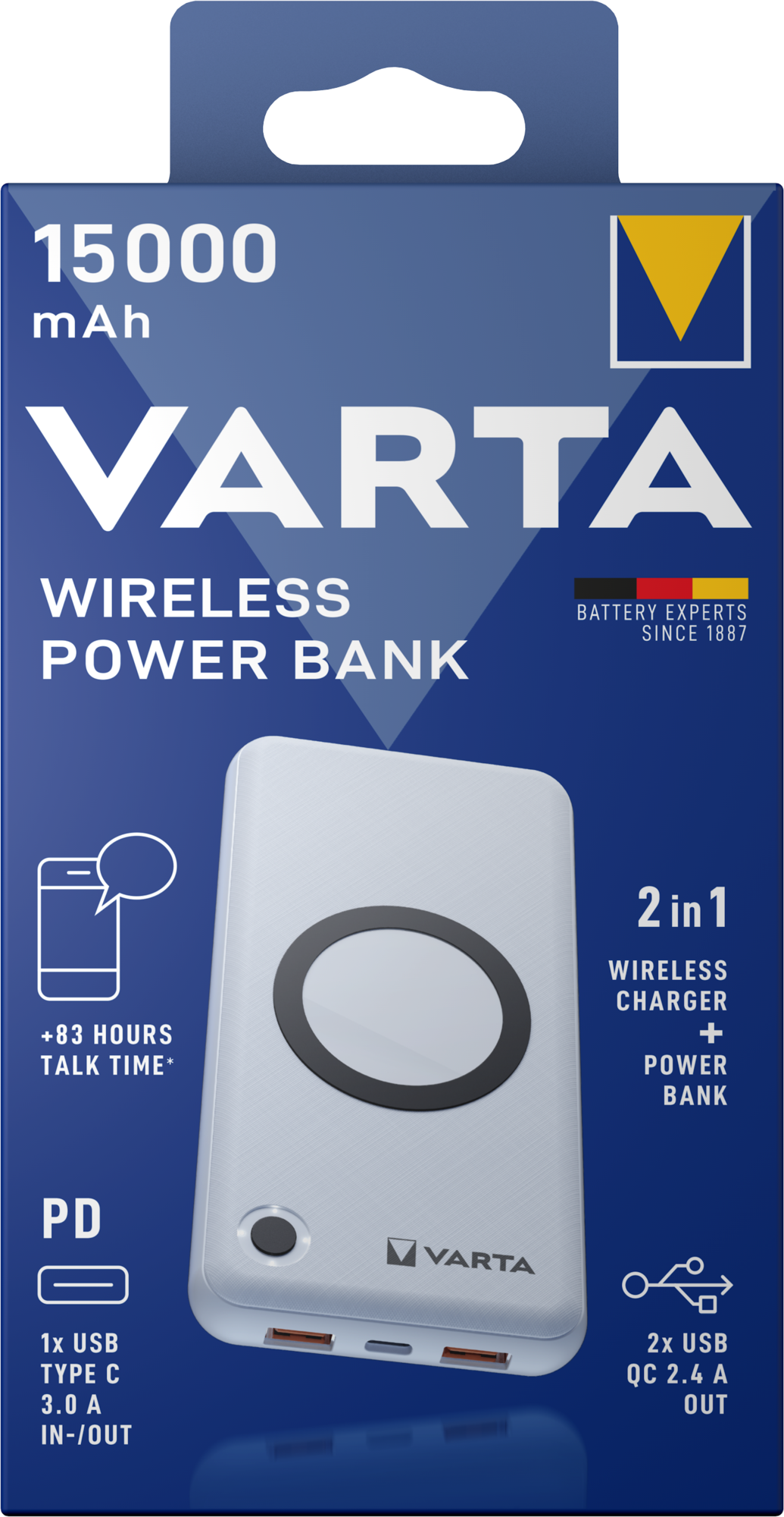 Varta Energy vezeték nélküli külső akkumulátor, 15000mAh, 18W, QC + PD + FQI, 1 x QI - 1 x USB-C - 2 x USB-A, fehér színű