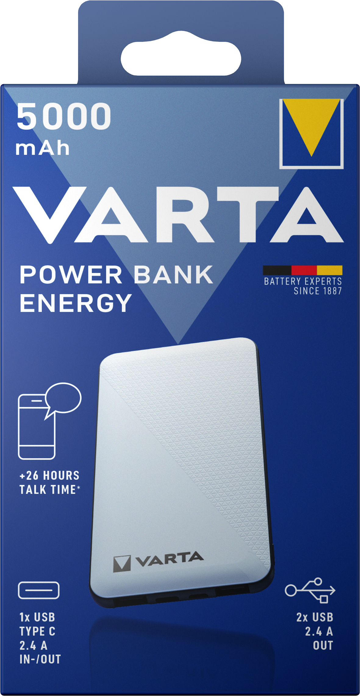 Varta Energy külső akkumulátor, 5000mAh, 15W, 2 x USB-A - 1 x USB-C, fehér