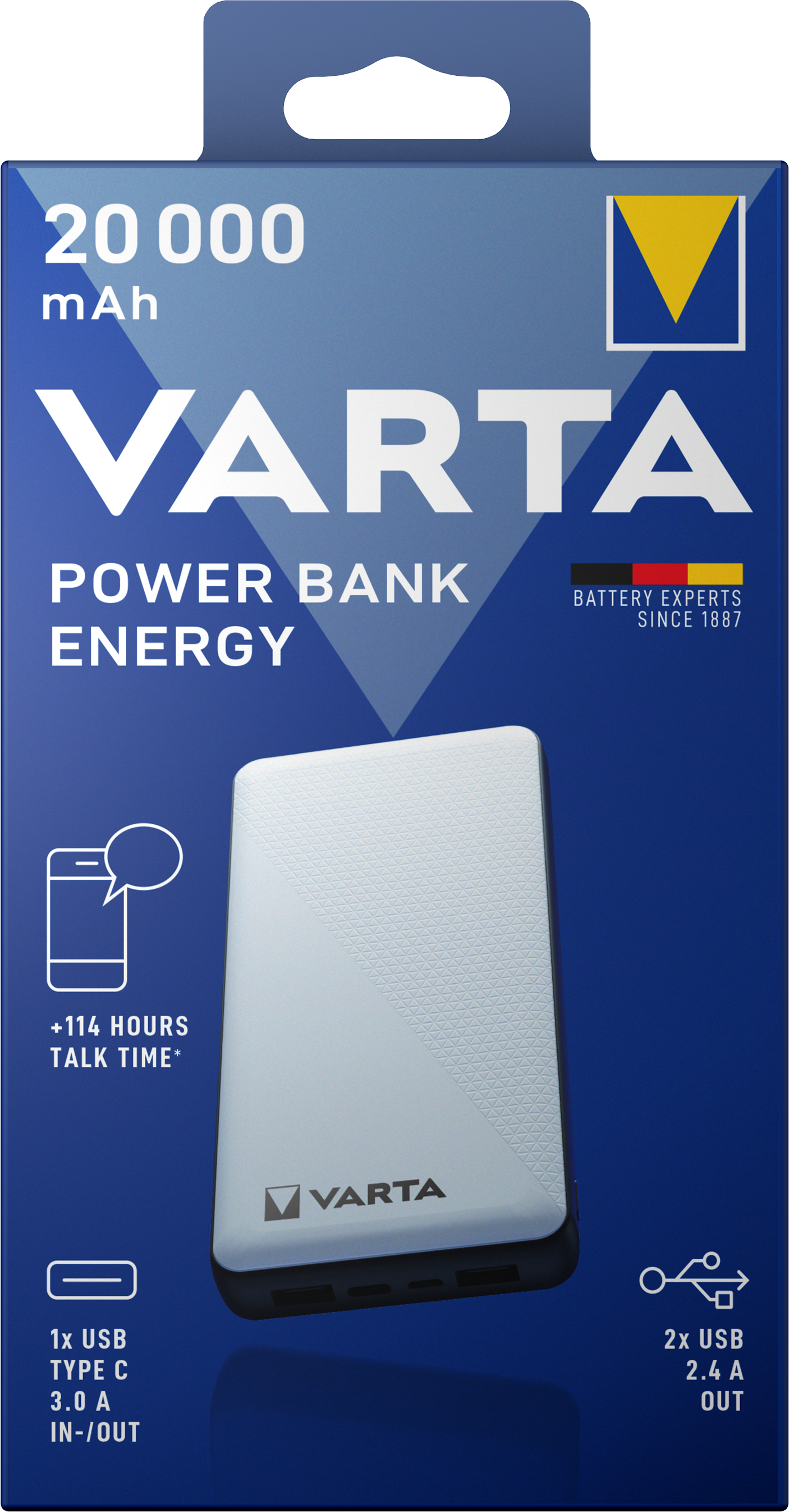 Varta Energy külső akkumulátor, 20000mAh, 15W, 2 x USB-A - 1 x USB-C, fehér