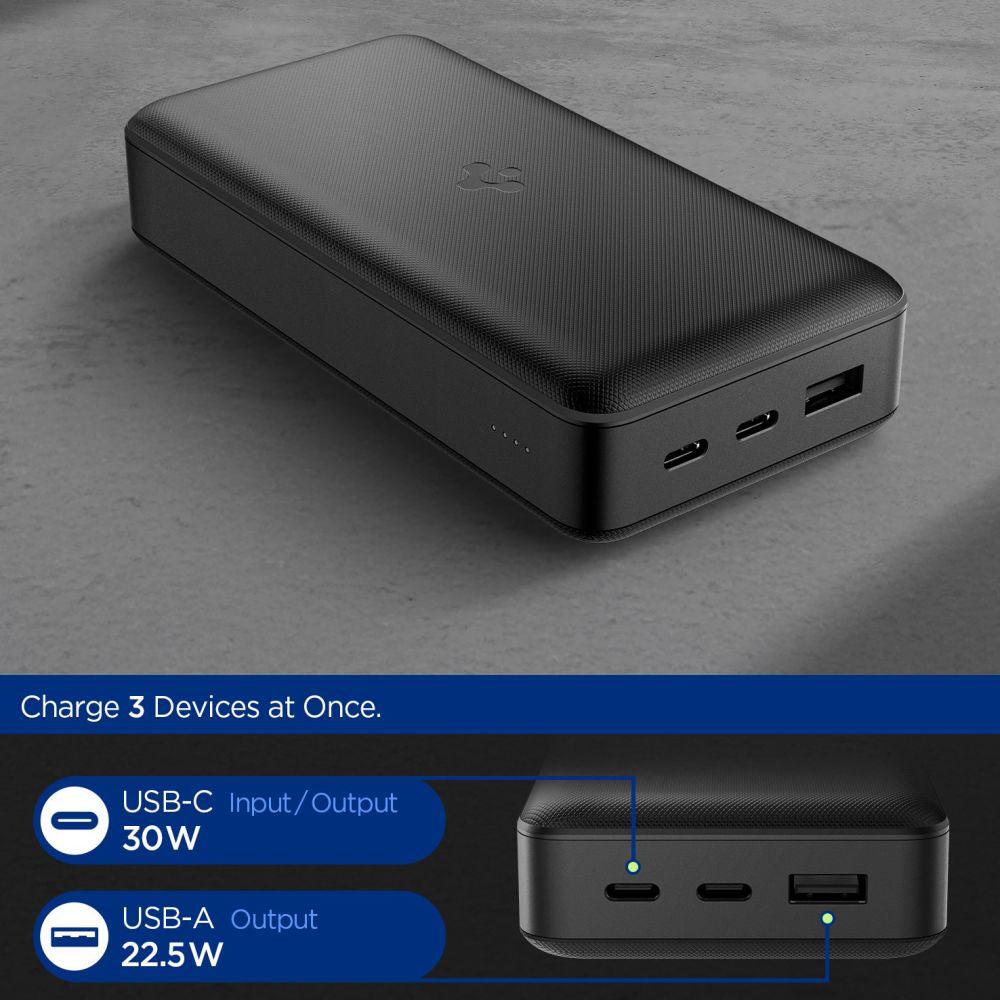 Spigen külső akkumulátor, 30000mAh, 30W, QC + PD, 1 x USB-A - 2 x USB-C, Fekete