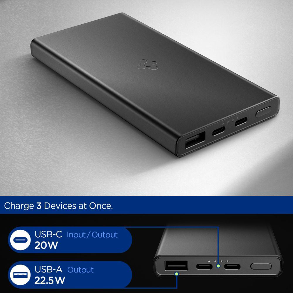Spigen Essential külső akkumulátor, 10000mAh, 22.5W, QC + PD, 1 x USB-A - 2 x USB-C, Fekete ABA09431