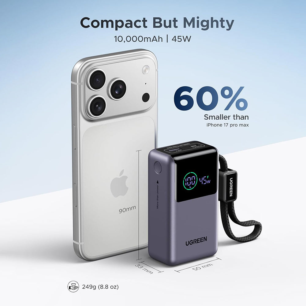 UGREEN Nexode Pro PB727 (85301B) külső akkumulátor, 10000mAh, 55W, QC + PD, 1 x USB-A - 2 x USB-C, Szürke