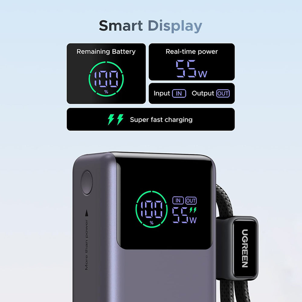 UGREEN Nexode Pro PB727 (85301B) külső akkumulátor, 10000mAh, 55W, QC + PD, 1 x USB-A - 2 x USB-C, Szürke