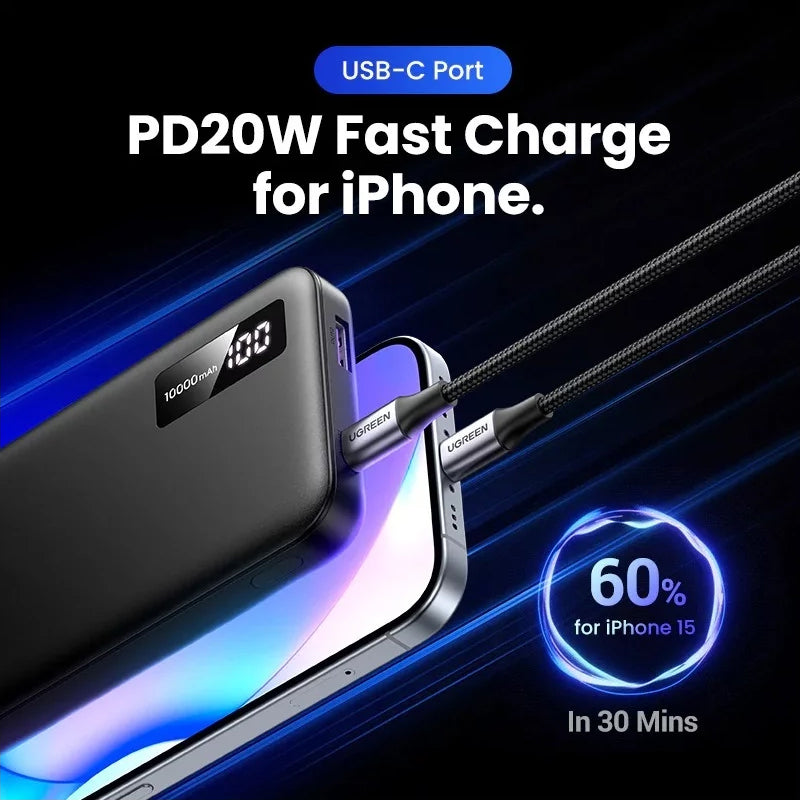 UGREEN PB311 külső akkumulátor, 10000mAh, 22.5W, QC + PD, 1 x USB-C - 2 x USB-A, Fekete