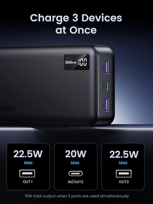 Külső akkumulátor UGREEN PB312, 20000mAh, 22.5W, QC + PD, 1 x USB-C - 2 x USB-A, fekete