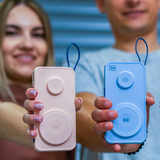 3MK PastelUp vezeték nélküli külső akkumulátor, 10000mAh, 22,5W, QC + PD + FQI, 1 x USB-A - 1 x USB-C - 2 x QI, kék színű