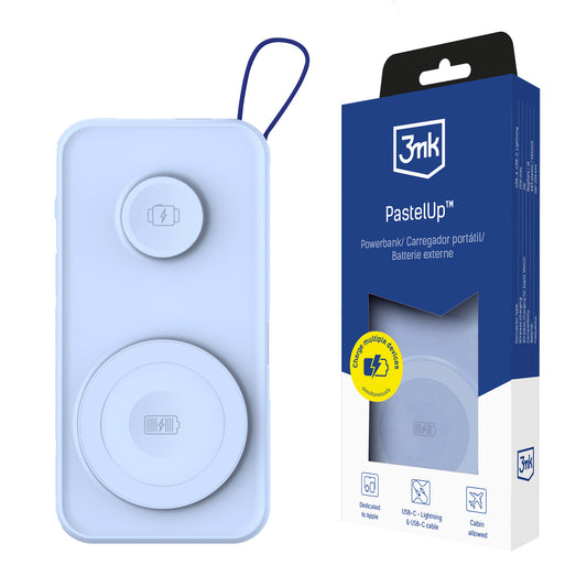 3MK PastelUp vezeték nélküli külső akkumulátor, 10000mAh, 22,5W, QC + PD + FQI, 1 x USB-A - 1 x USB-C - 2 x QI, kék színű